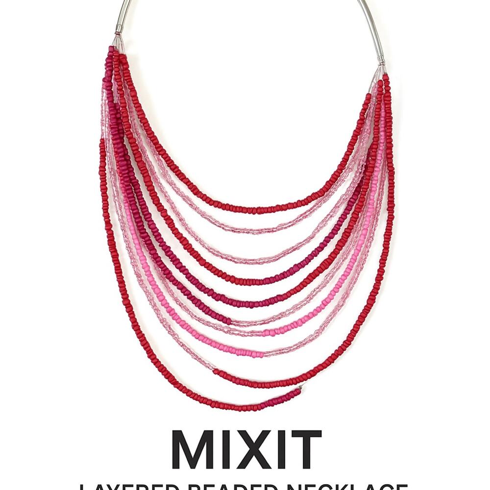 MIXIT Color Layered Beaded Necklace – Ombre Pink Multi-Strand Beads, Boho Tribal